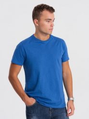 Męski klasyczny bawełniany T-shirt BASIC - niebieski V8 OM-TSBS-0146 - S. Niebieskie t-shirty Ombre Clothing, m, bez wzorów, z bawełny, bez kołnierzyka, bez ramiączek. W wyprzedaży za 24.99 zł.