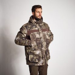 Kurtka myśliwska Solognac 500 Warm wodoodporna camo treemetic. Brązowe kurtki SOLOGNAC, s, bez wzorów, z polaru, bez kaptura. Za 599.99 zł.