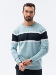 Sweter męski - jasnoniebieski V7 - Rozmiar: XL. Niebieskie swetry nierozpinane Ombre Clothing, m, bez wzorów, z bawełny, bez kołnierzyka, bez ramiączek. W wyprzedaży za 29.99 zł.