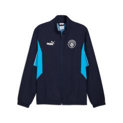Kurtka z dresu Manchester City 2024/25. Niebieskie kurtki Puma, bez wzorów, z dresówki, bez kaptura. W wyprzedaży za 252.00 zł.