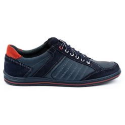 KOMODO Półbuty męskie ze skóry Polskie 236K niebieskie. Niebieskie eleganckie półbuty bez wzorów, z materiału, bez obcasa, bez zapięcia. Za 367.89 zł.