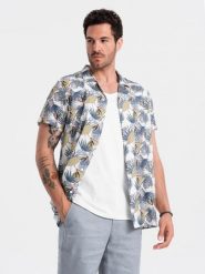 Wiskozowa wzorzysta męska koszula z krótkim rękawem – palmy V7 OM-SHPS-0113 - XL. Białe koszule Ombre Clothing, l, bez wzorów, z materiału, bez kołnierzyka, bez ramiączek. W wyprzedaży za 69.99 zł.