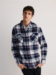 Koszula regular fit w kratę - granatowy. Niebieskie koszule Reserved, l, bez wzorów, z bawełny, bez kołnierzyka, bez ramiączek. Za 119.99 zł.
