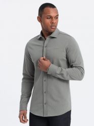 Bawełniana męska koszula REGULAR z dzianiny single jersey - jasny khaki V4 OM-SHCS-0138 - XL. Brązowe koszule Ombre Clothing, m, bez wzorów, z bawełny, bez kołnierzyka, bez ramiączek. W wyprzedaży za 79.99 zł.