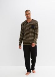 Piżama z czystej bawełny z długim rękawem. Czarne piżamy bonprix, m, bez wzorów, z bawełny, bez ramiączek. Za 99.99 zł.