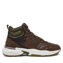 Trzewiki Tommy Hilfiger. Brązowe botki sznurowane Tommy Hilfiger, bez wzorów, bez obcasa, bez zapięcia. Za 699.99 zł.