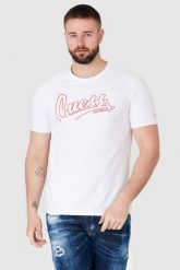 GUESS Biały t-shirt męski beachwear. Białe t-shirty Guess, m, z aplikacjami, bez kołnierzyka, bez ramiączek. W wyprzedaży za 119.99 zł.