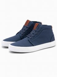 Męskie wysokie buty trampki z bawełnianego płótna – ciemnoniebieskie V1 - Rozmiar: 44. Niebieskie trampki Ombre Clothing, m, bez wzorów, przed kolano, bez zapięcia. W wyprzedaży za 109.99 zł.