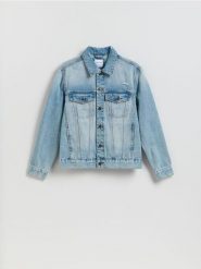Jeansowa kurtka z przetarciami - niebieski. Niebieskie kurtki Reserved, l, bez wzorów, z denimu, bez kaptura. Za 169.99 zł.