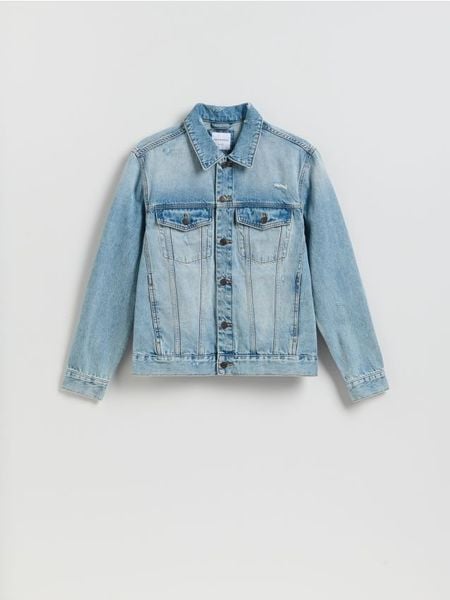 Jeansowa kurtka z przetarciami - niebieski. Niebieskie kurtki Reserved, l, bez wzorów, z denimu, bez kaptura. Za 169.99 zł.