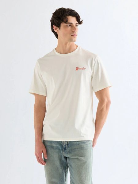 MESKA KOSZULKA WRANGLER GRAPHIC TEE WORN WHITE 112377994. Białe t-shirty Wrangler, xl, bez wzorów, bez kołnierzyka, bez ramiączek. Za 69.99 zł.