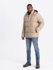 Męska kurtka puffer z podszewką w kratę – beżowa V2 OM-JAHP-0205 - XXL. Brązowe kurtki Ombre Clothing, l, z aplikacjami, z bawełny, bez kaptura. W wyprzedaży za 199.99 zł.