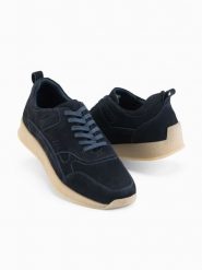 Lekkie męskie sneakersy zamszowe w stylu sportowym – granatowe V2 OM-FOSL-0205 - 45. Niebieskie buty sportowe casual Ombre Clothing, bez wzorów, z gumy, bez zapięcia. Za 299.99 zł.