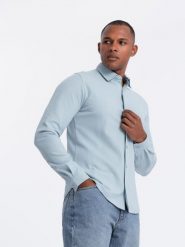 Męska dzianinowa koszula SLIM FIT z długim rękawem – błękitna V3 OM-SHCS-0177 - XXL. Niebieskie koszule Ombre Clothing, l, bez wzorów, z bawełny, bez kołnierzyka, bez ramiączek. W wyprzedaży za 109.99 zł.