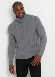 Sweter z golfem, w warkocze. Szare golfy bonprix, l, bez wzorów, bez kołnierzyka, bez ramiączek. Za 109.99 zł.