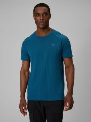 4F Koszulka trekkingowa z wełną merino męska - turkusowa XXL. Niebieskie t-shirty 4F, l, bez wzorów, z wełny, bez kołnierzyka, bez ramiączek. Za 199.99 zł.