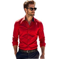Czerwona koszula męska z granatowymi kontrastami Y02. Czerwone koszule Modini Moda Męska, m, bez wzorów, z bawełny, bez kołnierzyka, bez ramiączek. W wyprzedaży za 169.20 zł.