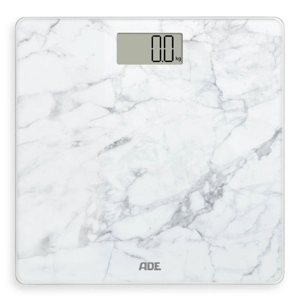 Waga łazienkowa, do 180 kg, 30 x 30 cm, marmurowy wzór, biała. Białe wagi łazienkowe ADE. W wyprzedaży za 114.90 zł.