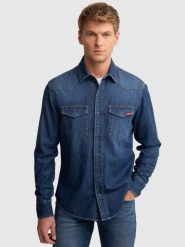 Koszula męska jeansowa granatowa Chuck 577. Niebieskie koszule BIG STAR, l, bez wzorów, z jeansu, bez kołnierzyka, bez ramiączek. Za 279.99 zł.