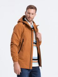 Kurtka męska przejściowa z kapturem - camel V5 OM-JANP-22FW-005 - XXL. Brązowe kurtki Ombre Clothing, l, bez wzorów, z kapturem. W wyprzedaży za 99.99 zł.