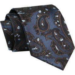 Męski Krawat - ALTIES - Klasyczny - Granatowy z Brązowym Motywem Paisley. Niebieskie krawaty i muchy Alties, bez wzorów, z tkaniny. Za 49.00 zł.