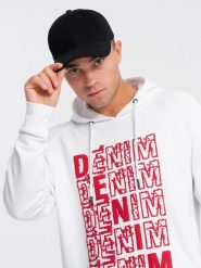 Nierozpinana męska bluza kangurka z kapturem i nadrukiem - biała V3 OM-SSPS-0158 - XXL. Białe bluzy Ombre Clothing, l, bez wzorów, z bawełny, z kapturem. W wyprzedaży za 49.99 zł.
