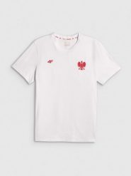 4F Koszulka kibica męska - biała S. Białe t-shirty 4F, m, bez wzorów, z bawełny, bez kołnierzyka, bez ramiączek. Za 69.99 zł.