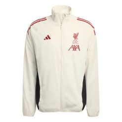 Kurtka treningowa Prematch Liverpool FC 2025/26. Białe kurtki Adidas, l, bez wzorów, z materiału, bez kaptura. Za 303.50 zł.