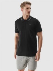 4F Koszulka polo regular męska - czarna S. Czarne koszulki polo 4F, m, bez wzorów, z bawełny, bez kołnierzyka, bez ramiączek. W wyprzedaży za 59.99 zł.