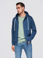 Bluza męska bawełniana dresowa BASIC rozpinana z kapturem - granatowa V4. Niebieskie bluzy Ombre Clothing, m, z aplikacjami, z bawełny, z kapturem. W wyprzedaży za 118.99 zł.