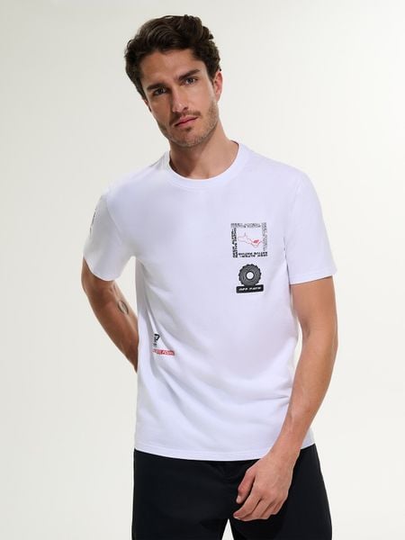 4F T-shirt regular z nadrukiem męski - biały L. Białe t-shirty 4F, l, bez wzorów, z bawełny, bez kołnierzyka, bez ramiączek. W wyprzedaży za 69.99 zł.