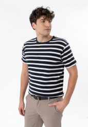 T-shirt w paski TM-HARALD. Niebieskie t-shirty Volcano, m, bez wzorów, z bawełny, bez kołnierzyka, bez ramiączek. Za 79.99 zł.