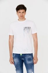 AMIRI T-shirt biały z efektem kolorowej farby. Białe t-shirty Amiri, m, bez wzorów, bez kołnierzyka, bez ramiączek. W wyprzedaży za 999.99 zł.