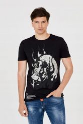 PHILIPP PLEIN T-shirt z czaszką w płomieniach. Czarne t-shirty Philipp Plein, m, bez wzorów, bez kołnierzyka, bez ramiączek. W wyprzedaży za 799.99 zł.
