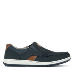 Półbuty Rieker. Niebieskie eleganckie półbuty Rieker, bez wzorów, bez obcasa, bez zapięcia. Za 289.99 zł.