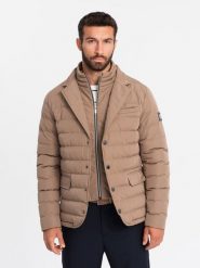 Pikowana męska kurtka o kroju marynarki – beżowa V5 - Rozmiar: L. Brązowe kurtki Ombre Clothing, l, z aplikacjami, z gumy, bez kaptura. Za 319.99 zł.