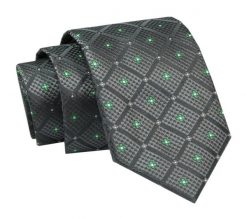 Elegancki, Klasyczny, Męski Krawat -ALTIES - Grafit z Zielonym Akcentem. Szare krawaty i muchy Alties, bez wzorów, z tkaniny. Za 49.00 zł.