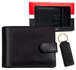 Zestaw prezentowy: męski, czarny portfel ze skóry ekologicznej i brelok do kluczy - Rovicky. Czarne portfele ROVICKY, bez wzorów, ze skóry ekologicznej. Za 39.99 zł.