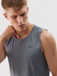 4F Tank top treningowy regular z materiału z recyklingu męski - szary L. Szare t-shirty 4F, l, bez wzorów, z dzianiny, bez kołnierzyka, bez ramiączek. W wyprzedaży za 29.99 zł.