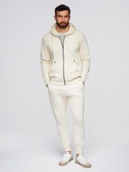 Komplet dresowy męski set bluza rozpinana z kapturem + spodnie joggery - kremowy V11 - Rozmiar: M. Białe bluzy Ombre Clothing, m, z aplikacjami, z bawełny, z kapturem. Za 339.99 zł.