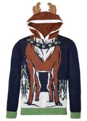 Sweter z kapturem i bożonarodzeniowym motywem, z poliestru z recyklingu. Niebieskie swetry nierozpinane bonprix, m, bez wzorów, bez kołnierzyka, bez ramiączek. Za 169.99 zł.