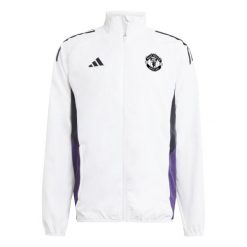 Kurtka dresowa Prematch Manchester United 2025/26. Białe kurtki Adidas, bez wzorów, z dresówki, bez kaptura. W wyprzedaży za 331.85 zł.