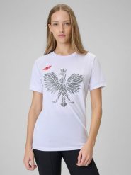 4F Koszulka kibica uniseks - biała L. Białe t-shirty 4F, l, bez wzorów, bez kołnierzyka, bez ramiączek. Za 129.99 zł.