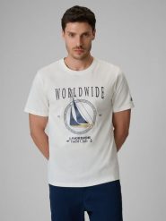 4F T-shirt regular z nadrukiem męski - biały M. Białe t-shirty 4F, m, bez wzorów, z bawełny, bez kołnierzyka, bez ramiączek. Za 69.99 zł.