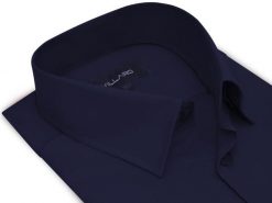 Granatowa gładka koszula męska z długim rękawem 03L. Koszule Mmer / Villaro - Koszule męskie, l, bez wzorów, z bawełny, bez kołnierzyka, bez ramiączek. W wyprzedaży za 148.50 zł.