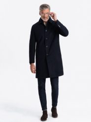 Długi męski jednorzędowy płaszcz z kołnierzykiem i podpinką – granatowy V3 OM-COWC-0106 - XXL. Niebieskie płaszcze Ombre Clothing, l, bez wzorów, z materiału, eleganckie, bez kaptura. Za 365.99 zł.