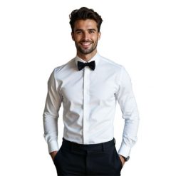 Biała elastyczna koszula na spinki z plisą kryjącą guziki MODINI DD50. Białe koszule Modini Moda Męska, m, bez wzorów, z bawełny, bez kołnierzyka, bez ramiączek. W wyprzedaży za 175.50 zł.