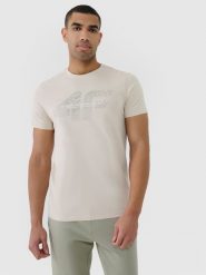4F T-shirt regular z nadrukiem męski - beżowy L. Brązowe t-shirty 4F, l, bez wzorów, z bawełny, bez kołnierzyka, bez ramiączek. W wyprzedaży za 39.99 zł.