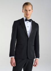 PAKO LORENTE – Czarna marynarka smokingowa w mikrowzór. Czarne garnitury Pako Lorente, na ślub cywilny, bez wzorów, z poliesteru. Za 999.99 zł.