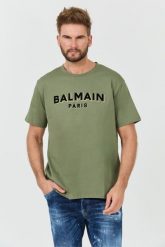 BALMAIN Zielony t-shirt Flock&foil T-shirt Bulky Fit. Zielone t-shirty Balmain, m, bez wzorów, bez kołnierzyka, bez ramiączek. W wyprzedaży za 1,499.99 zł.